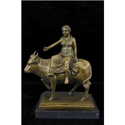 13"x12" Abstract Botero Young Woman Rides A Bull Bronze Marble Sculpture Statue   14 LBS.