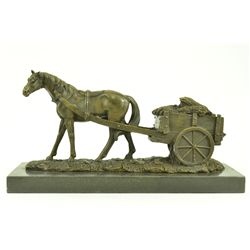 8"x15" Signed Original Working Horse With Carriage Bronze Sculpture Statue Figurine Art   18 LBS.