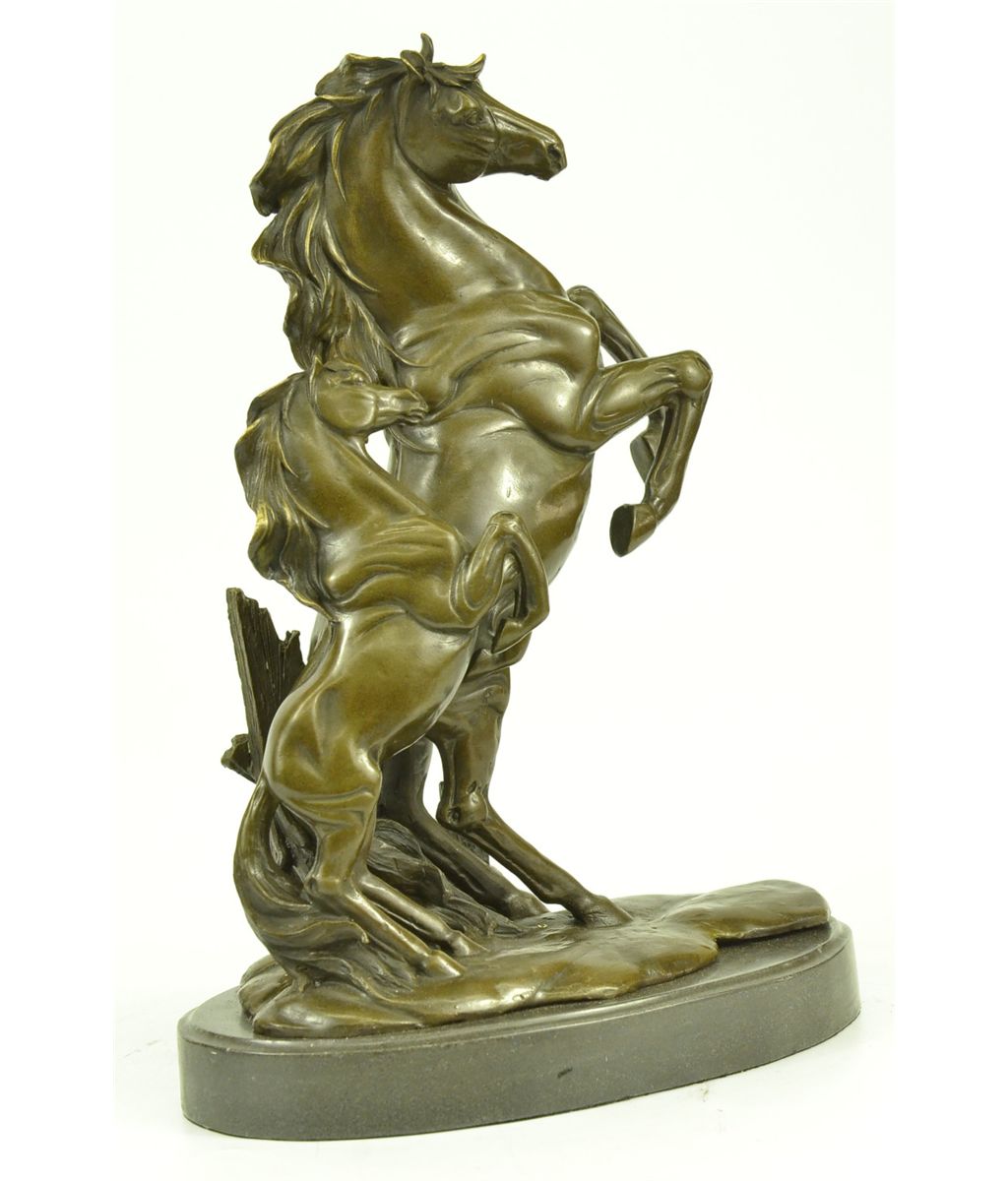 14"x10.5" Two Rearing Wild Horses Bronze Sculpture Marble Base Statue