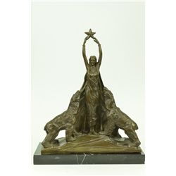 17"x13" Signed Ernst Seger Woman Goddess With Two Polar Bear Bronze Sculpture Statue   18 LBS.