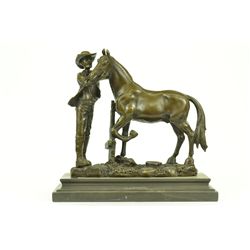 11"x12" Hand Crafted Signed Original Cowboy And His Trusted Horse Bronze Sculpture Decor   16 LBS.