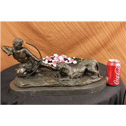 10"x18.5" Signed Milo Man With Bow And Arrow Striking Lion Bronze Sculpture   25 LBS.