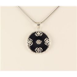 Genuine 22.00ctw Black Jade Silver Round Pendant