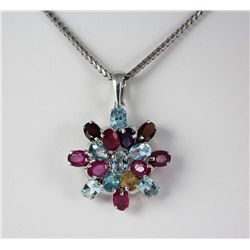Multi Gemstones Oval Flower Silver Pendant, 5.60g
