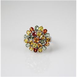 Multi Gemstones Oval Flower Silver Ring, 6.60g