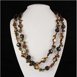 Flat Mother of Pearl & Bold Round Cyrstal Long Necklace