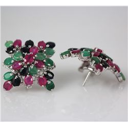 Multi Gemstones Oval Flower Silver Clip Earring, 13.70g