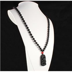 Jade Snake Dragon Necklace with Black Agate Beads