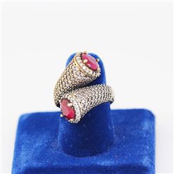 2 Heads Turkish Jewelry Design Ruby Ring w/ CZ around,