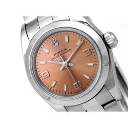 24mm Lady Rolex Stainless Steel Oyster Perpetual Watch. Pink Arabic Dial. Stainless Steel Smooth Bez