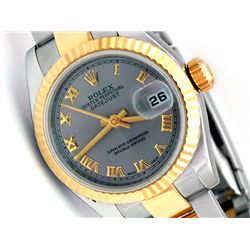 26mm Lady Rolex 18k Gold & Stainless Steel Oyster Perpetual Datejust Watch. Rhodium Roman Numeral Di