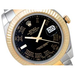 41mm Gents Rolex 18k Gold & Stainless Steel Oyster Perpetual Datejust II Watch. Black Roman Numeral 