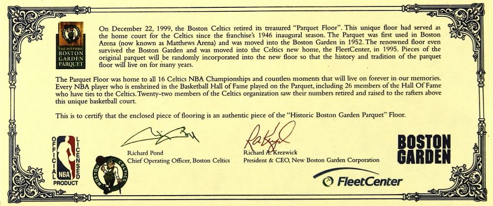 Boston Celtics Game Used 4x4 Hardwood Floor Used In The Boston