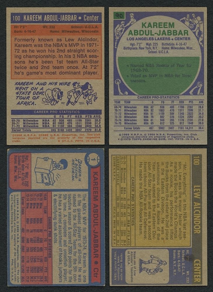 Lot Of 4 Kareem Abdul Jabbar Vintage Basketball Cards With 1971 72 Topps 100 1972 73 Topps 100 Lot Of 4 Kareem Abdul Jabbar Vintage Basketball Cards With 1971 72 Topps 100 1972 73 Topps 100