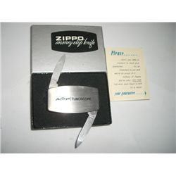 VERY UNIQUE VINTAGE MONEY CLI-KNIFE *ZIPPO-BRADFORD,PA USA-AMF TUBOSCOPE*  IN ORIGINAL BOX W/PAPERWO