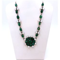 Sterling Silver .925 Emerald Beryl & Pearl Necklace ctw