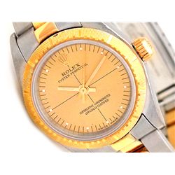 24mm Lady Rolex 18k Gold & Stainless Steel Oyster Perpetual Watch. Champagne Dial. 18k Yellow Gold F