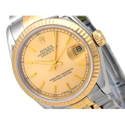 31mm Rolex 18k Gold & Stainless Steel Oyster Perpetual Datejust Watch. Champagne Dial. 18k Yellow Go