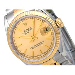 31mm Rolex 18k Gold & Stainless Steel Oyster Perpetual Datejust Watch. Champagne Dial. 18k Yellow Go