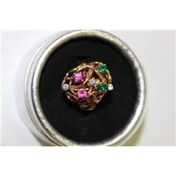 14K LADIES RING W/ DIAMONDS, RUBIES AND EMERALDS