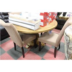 ROUND WOOD KITCHEN TABLE W 4 FABRIC SIDECHAIRS