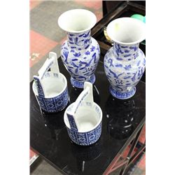 SET OF 4 BLUE AND WHITE CERAMIC VASES AND PLANTERS