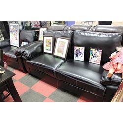 BLACK LEATHERETTE W WHITE STITCHING SOFA AND LOVE