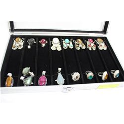 CASE OF NATURAL STONES, PENDANTS AND EARRINGS