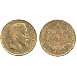 France; 1867 20Fr Gold AU for grade. (,1867 oz)