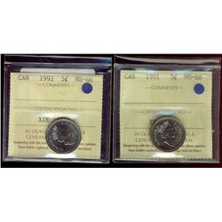 1991 5¢ & 1992 ICCS MS66.  lot of 2 coins.