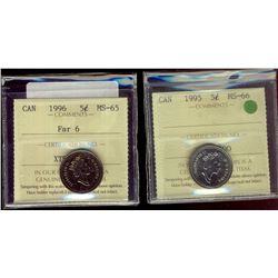 1995 5¢ & 1996 Far ICCS MS65.  Lot of 2 coins.