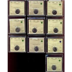 1981 10¢, 1983, 1985, 1986, 1987, 1988, 1990, 1991, 1993 & 1998 all ICCS MS65.  Lot of 10 coins.
