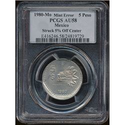 Error; Mexico 1980 5 Peso PCGS AU58.  Struck 5% Off Center.