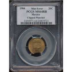 Error; Mexico 1984 20c PCGS MS64RB.  Clipped Planchet.