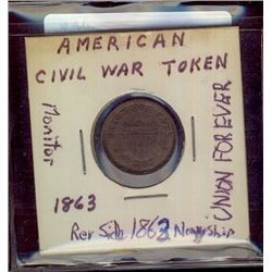 US American Civil War Token Lot;  includes 1863 UNION FOREVER with Navy Ship issue.  Strong details,