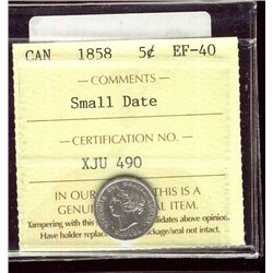 1858 5¢ Sml Date ICCS EF40.