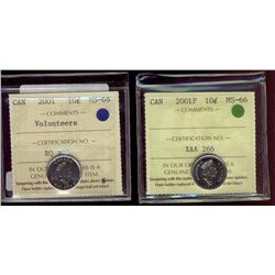 2001P 10¢ & 2001 Volunteers ICCS MS66.  lot of 2 coins.