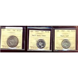 1947 25¢ ML, 1953 Sml Dt & 1942 50¢.  Lot of 3 ICCS graded coins MS60 to MS62.