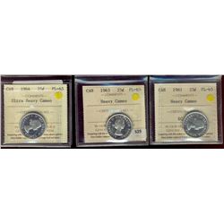 1961, 1963 ICCS PL65 &   1964 25¢ ICCS PL65 Ultra Heavy Cameo.  Lot of 3 coins both Heavy Cameo