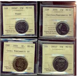 2000 25¢ Caribou MS67 NBU, 2004P Poppy MS65, 2001 50¢ MS66 & 2004 Loon MS66 NBU.  Lot of 4 coins all