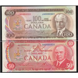 Matching Serial Numbers;  1975 $50 BC-BC-51a #HA0000531 & $100 BC-52a #JA0000531.  Lot of 2 notes bo