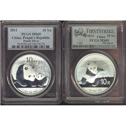 China; Silver 10z Panada issues include 2011 10Yn & 2014 10Yn Panda coins.  Lot of 2 coins.  Tax Exe