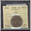Image 1 : Nfld 1872H 1¢ ICCS MS65RD. 70% red with lustre