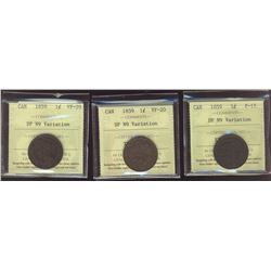 1859 1¢ DP N9 Variation ICCS F15 & VF20(2).  Lot of 3 coins.
