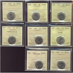 1937 5¢ MS60, 1938 AU55, 1939 MS63, 1942 Nickel MS63, 1948 MS64, 1951 Comm MS64, 1956 MS64 & 1957 MS