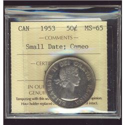 1953 50¢ SD NSF ICCS MS65 Cameo.  Light pinkish tint.
