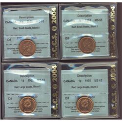 1965 1¢ SmBds Blt5(2), LgBds Blt(2) all CCCS MS65RD.  Lot of 4 coins.