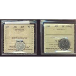 1928 5¢ AU55 & 1933 10¢ AU50.  Lot of 2 coins.