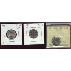 1929 5¢, 1938 & 1940.  Lot of 3 coins AU to UNC.  1938 ICCS AU55.