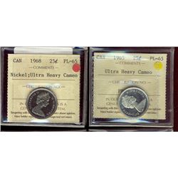1965 25¢ & 1968 Nickel ICCS PL65 Ultra Heavy Cameo.  Lot of 2 coins.